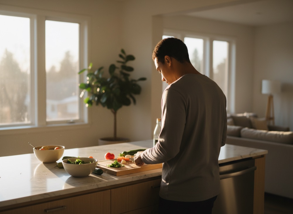 A young adult, seen from behind, preparing food at a sunlit kitchen counter.