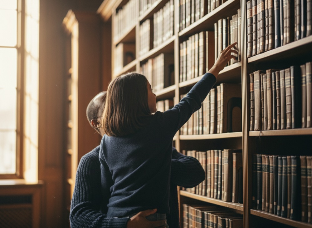An adult lifts a school-age girl up to reach a book from a high library shelf.