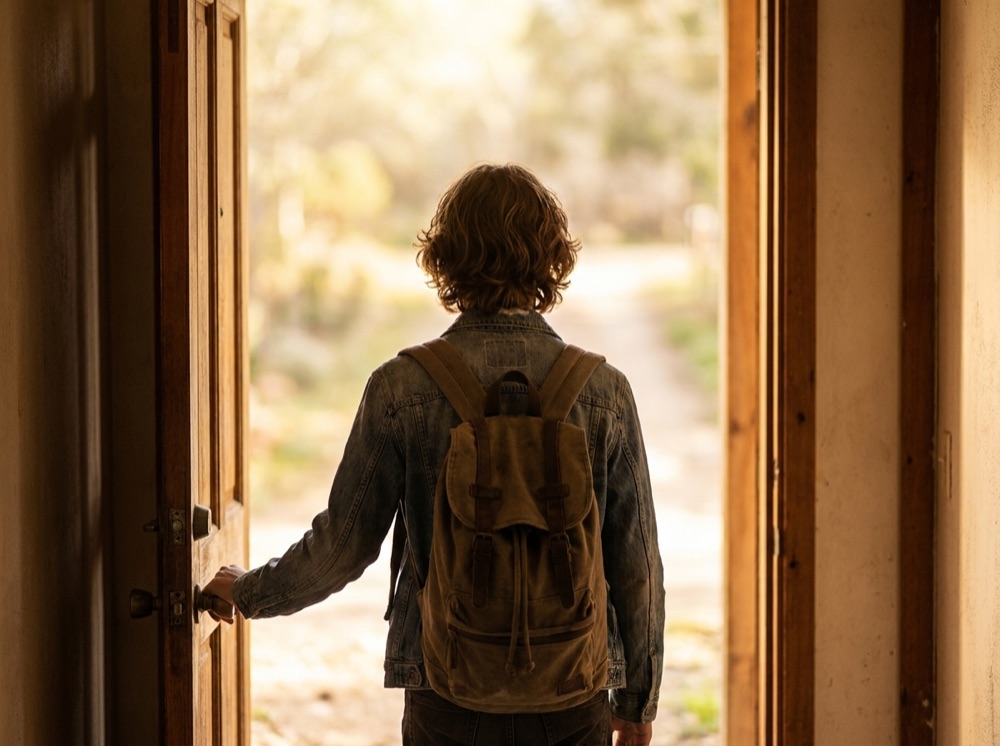 A teenager, seen from behind, opens a door toward warm daylight.