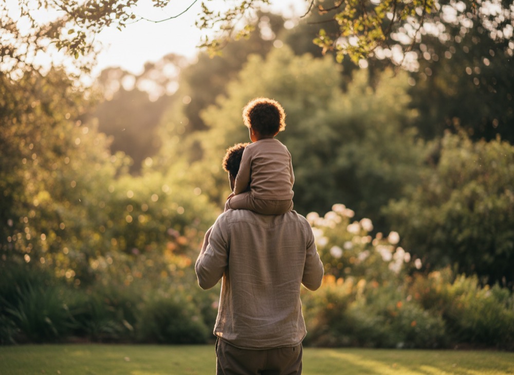 An adult carries a young child on their shoulders in a sunlit garden, both seen from behind.